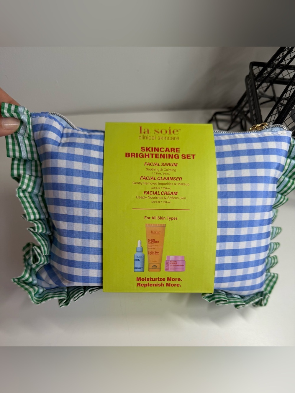 Skincare Brightening Set - Blue & White Gingham Pouch